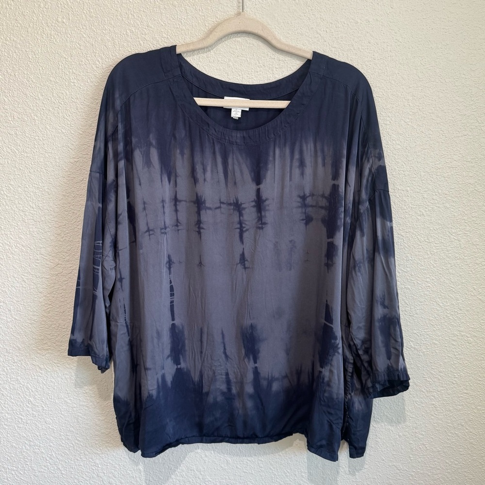 J. Jill Womens Tunic XLP Blue Tie Dye Boho Oversized Pockets 3/4 Sleeve Scoop